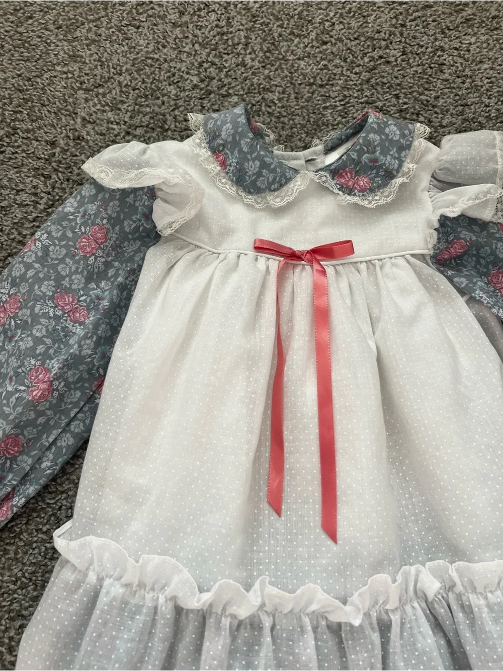 Vitage Peppercorns White & Blue Floral Ruffle Kids Dress with Pink Bow